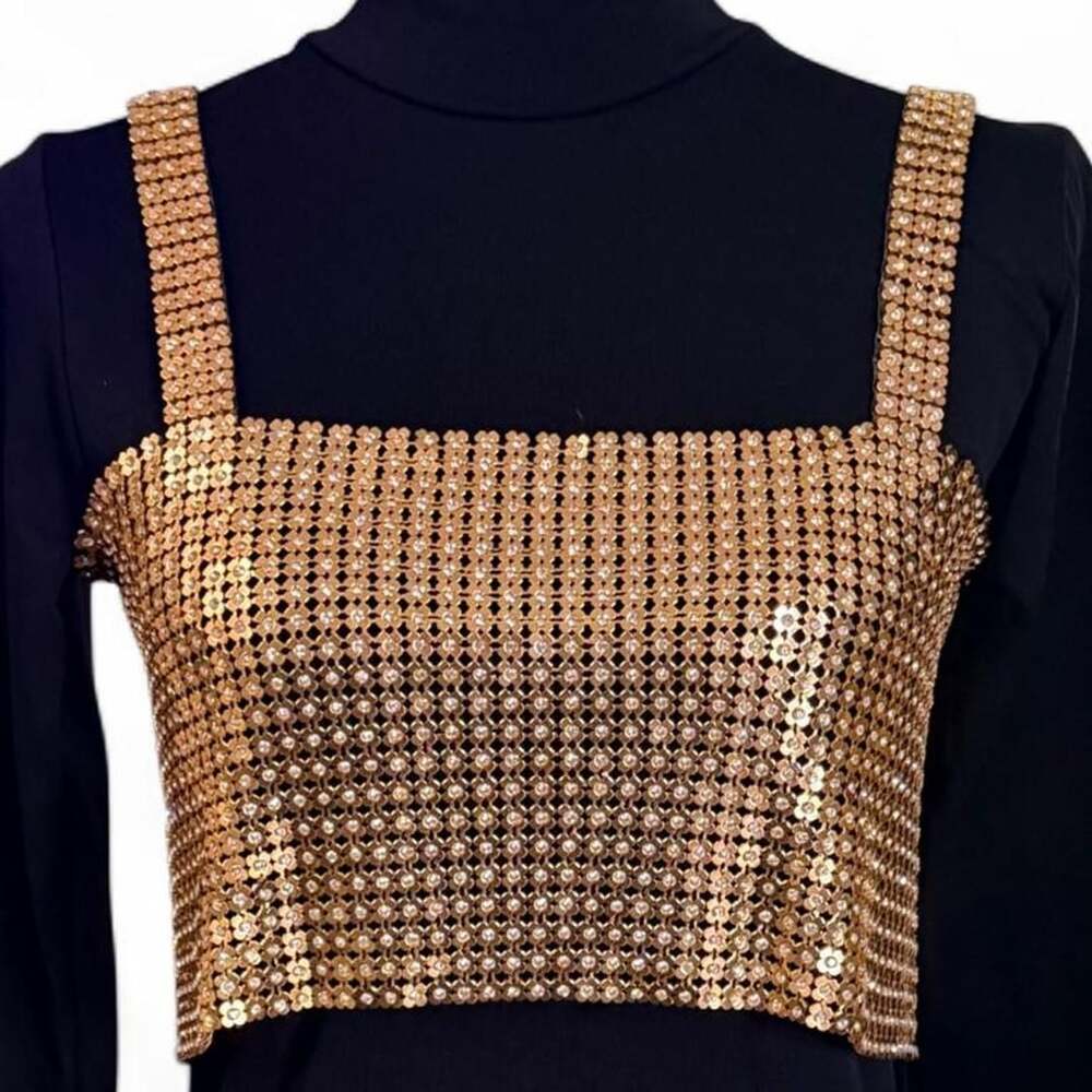 Da Veamor Rhinestone Chainmail Crop Top o/s Gold New